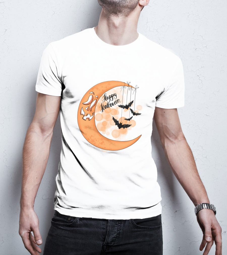 Happy Halloween Moon With Bats And Jack-O'-Lantern Face T-Shirt
