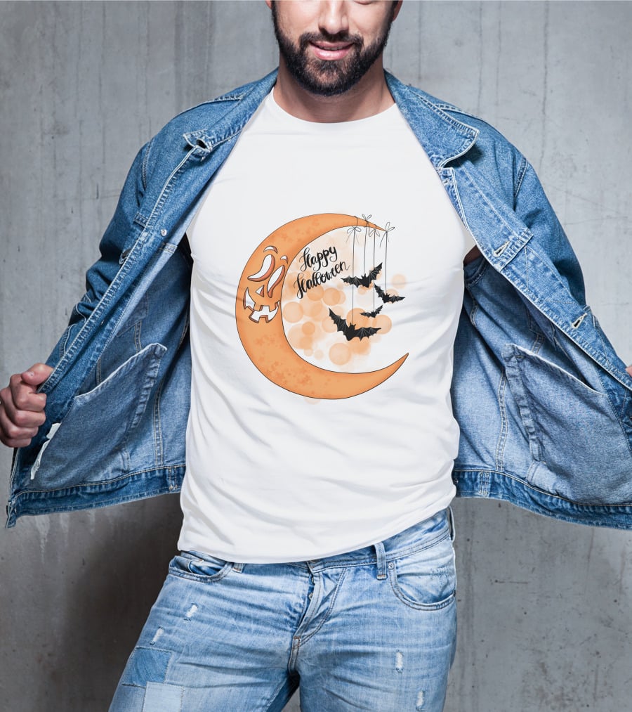 Happy Halloween Moon With Bats And Jack-O'-Lantern Face T-Shirt