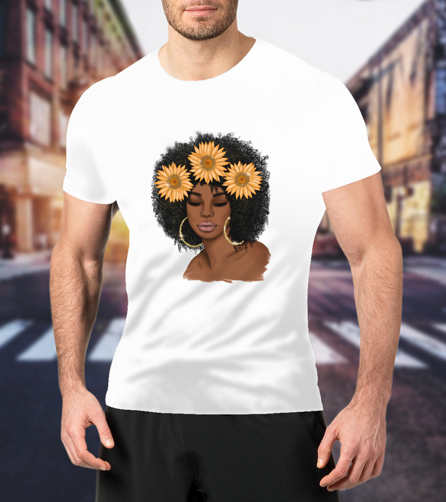 Afro Woman With Sunflowers And Hoop Earrings T-Shirt