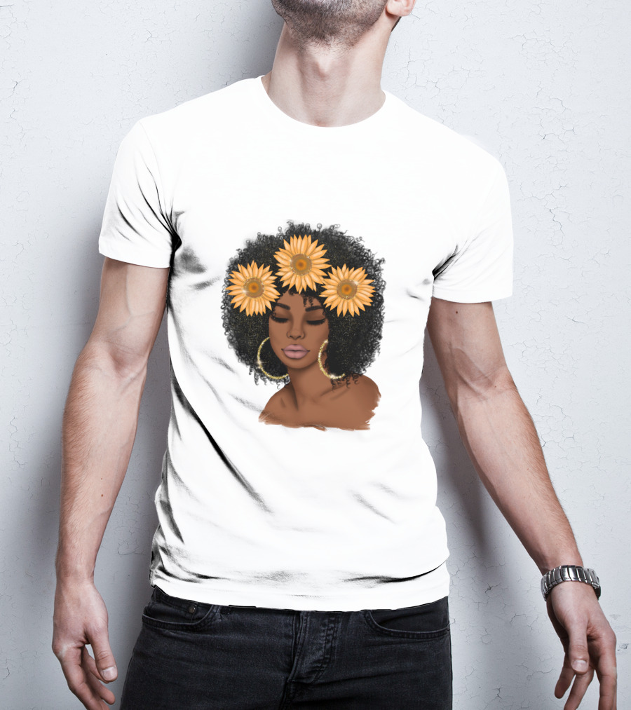 Afro Woman With Sunflowers And Hoop Earrings T-Shirt