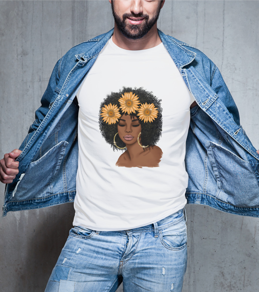 Afro Woman With Sunflowers And Hoop Earrings T-Shirt