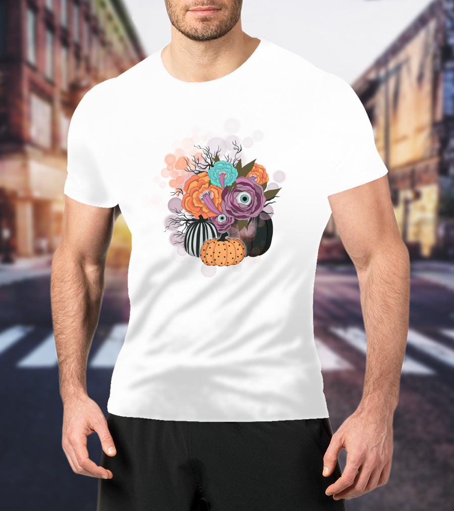 Whimsical Halloween Pumpkin Floral Arrangement With Eyeball Flowers T-Shirt