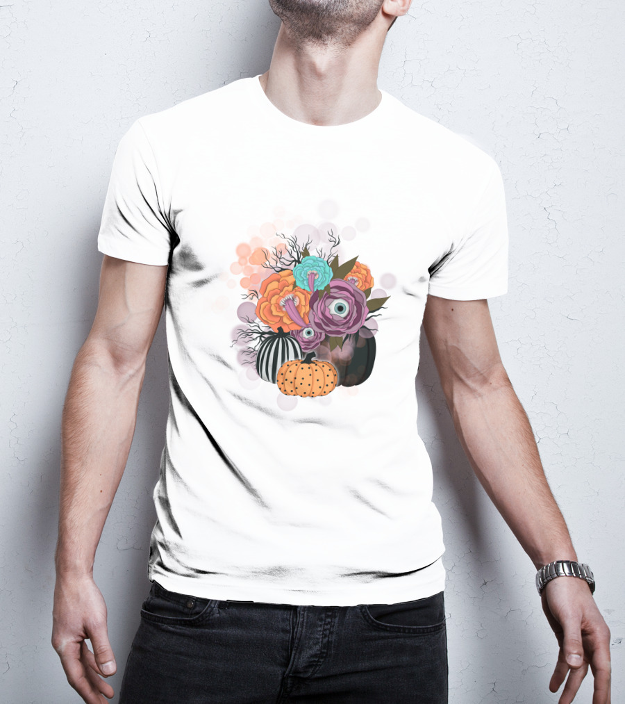 Whimsical Halloween Pumpkin Floral Arrangement With Eyeball Flowers T-Shirt
