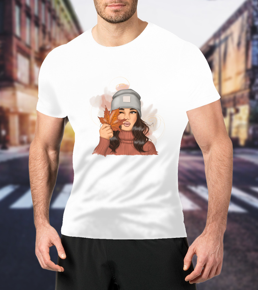 Autumn Girl Cozy Sweater And Beanie With Leaves T-Shirt