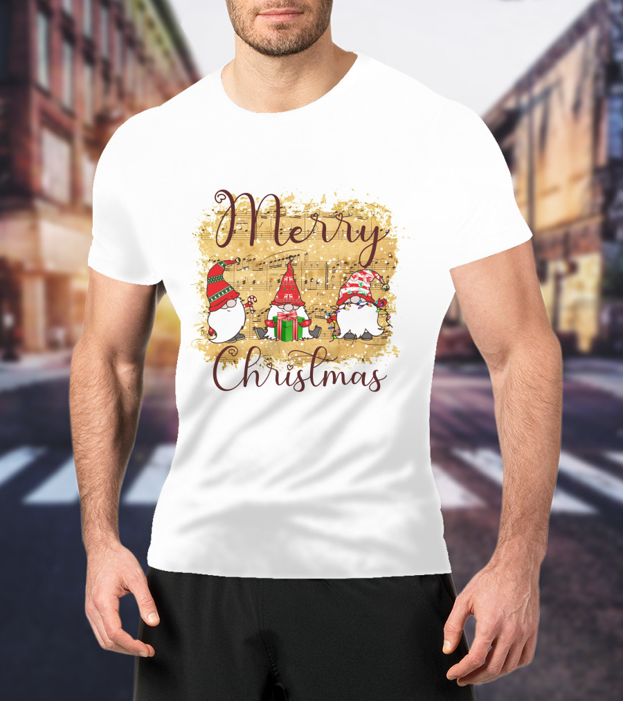 Merry Christmas Gnomies Holiday Music Sheet And Festive Gnomes T-Shirt