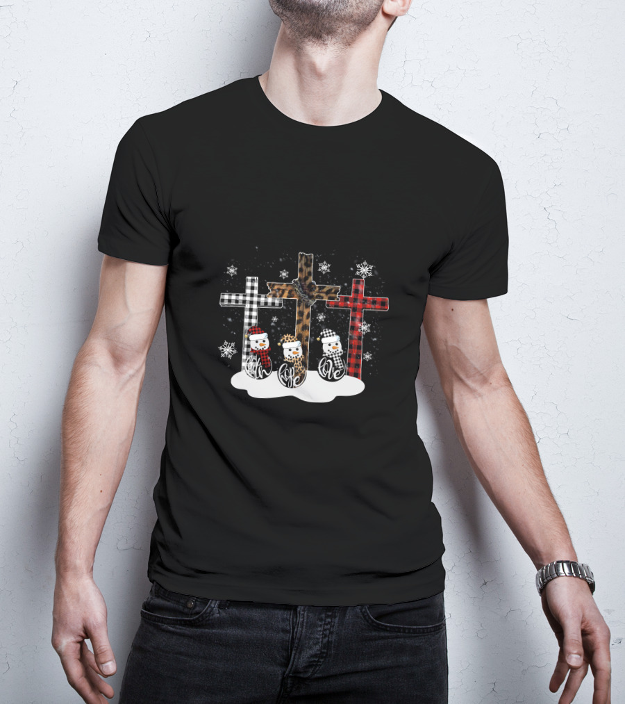 Leopard Plaid Snowman Faith Love Winter Crosses T-Shirt