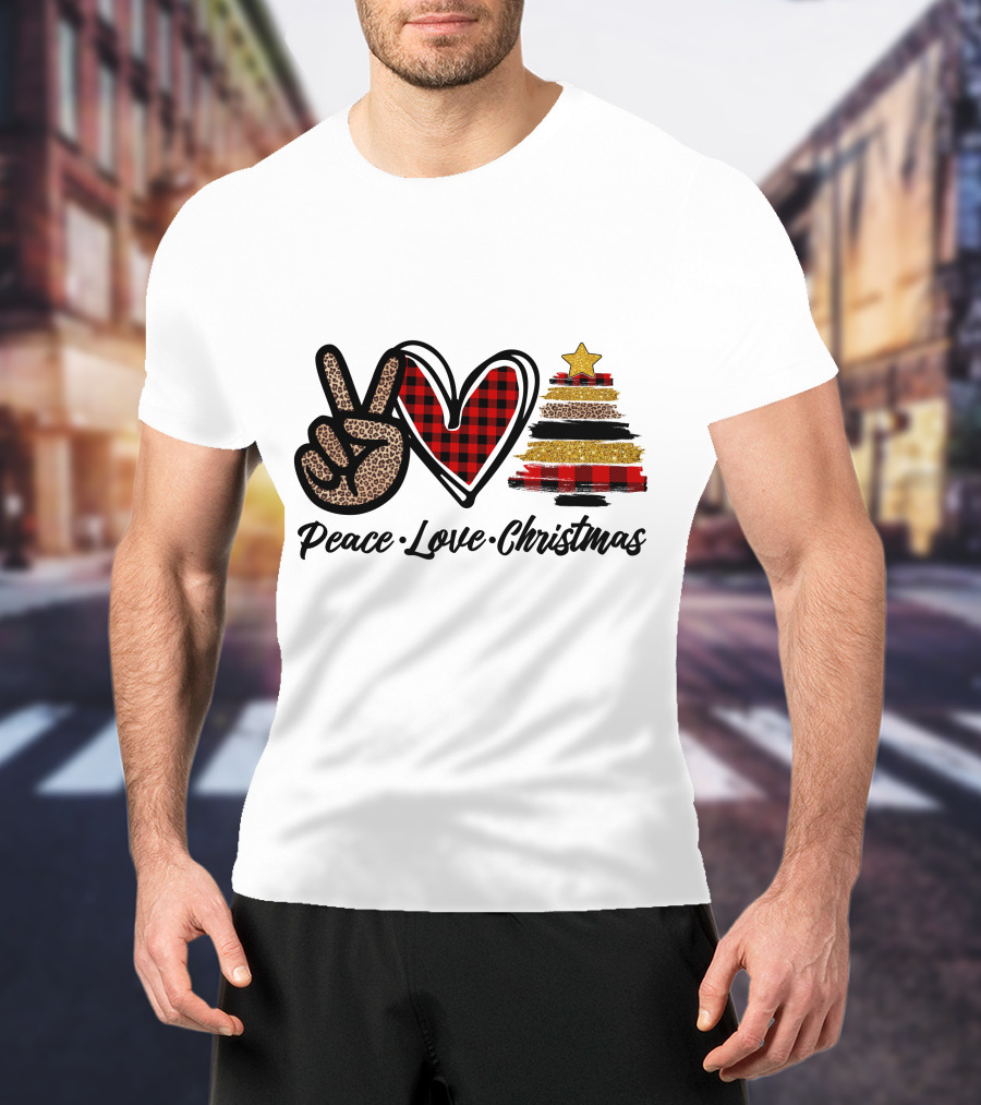 Peace Love Christmas Leopard Plaid Tree Star T-Shirt