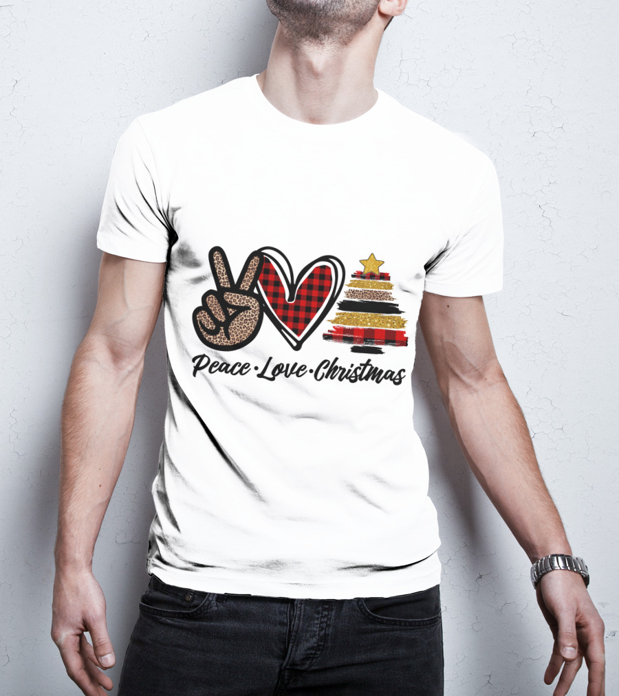 Peace Love Christmas Leopard Plaid Tree Star T-Shirt