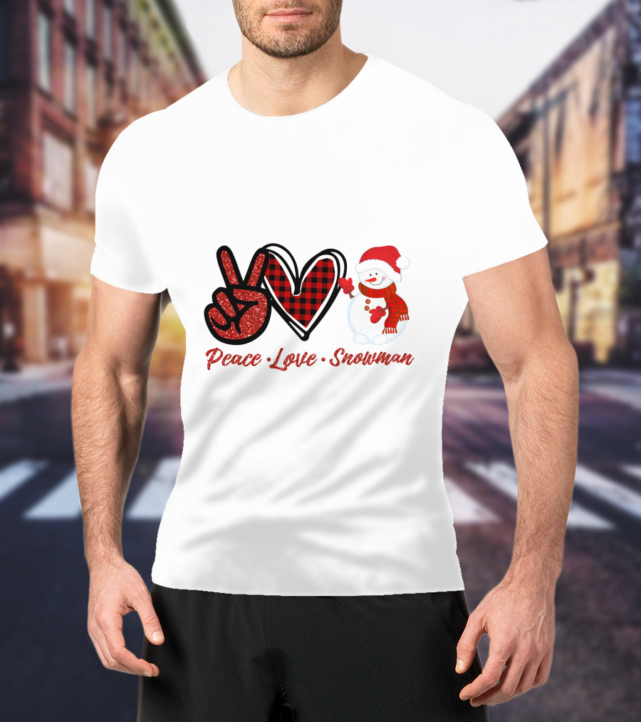 Peace Love Snowman Plaid Heart Glitter Peace Sign T-Shirt