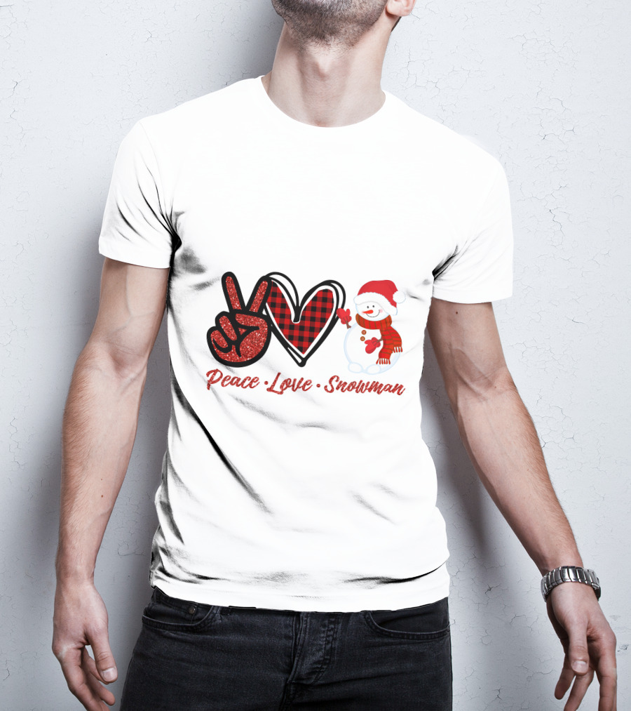 Peace Love Snowman Plaid Heart Glitter Peace Sign T-Shirt