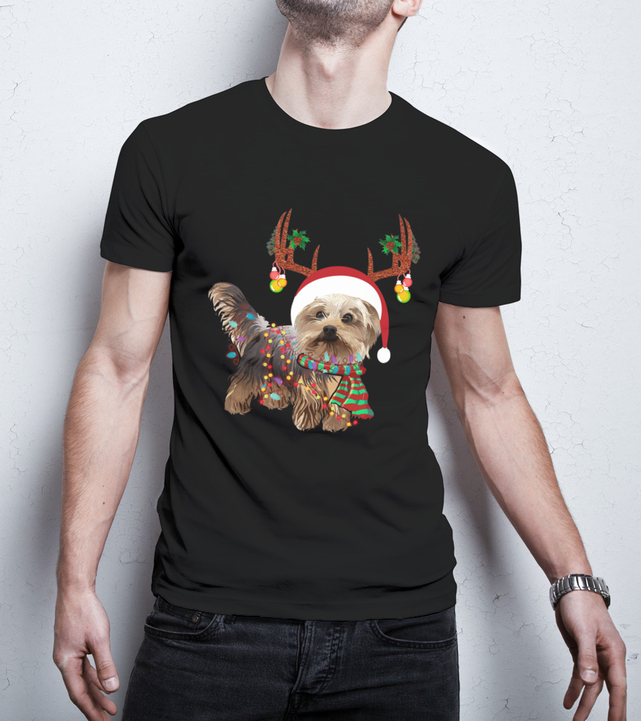 Christmas Cute Dog With Santa Hat And Reindeer Antlers T-Shirt
