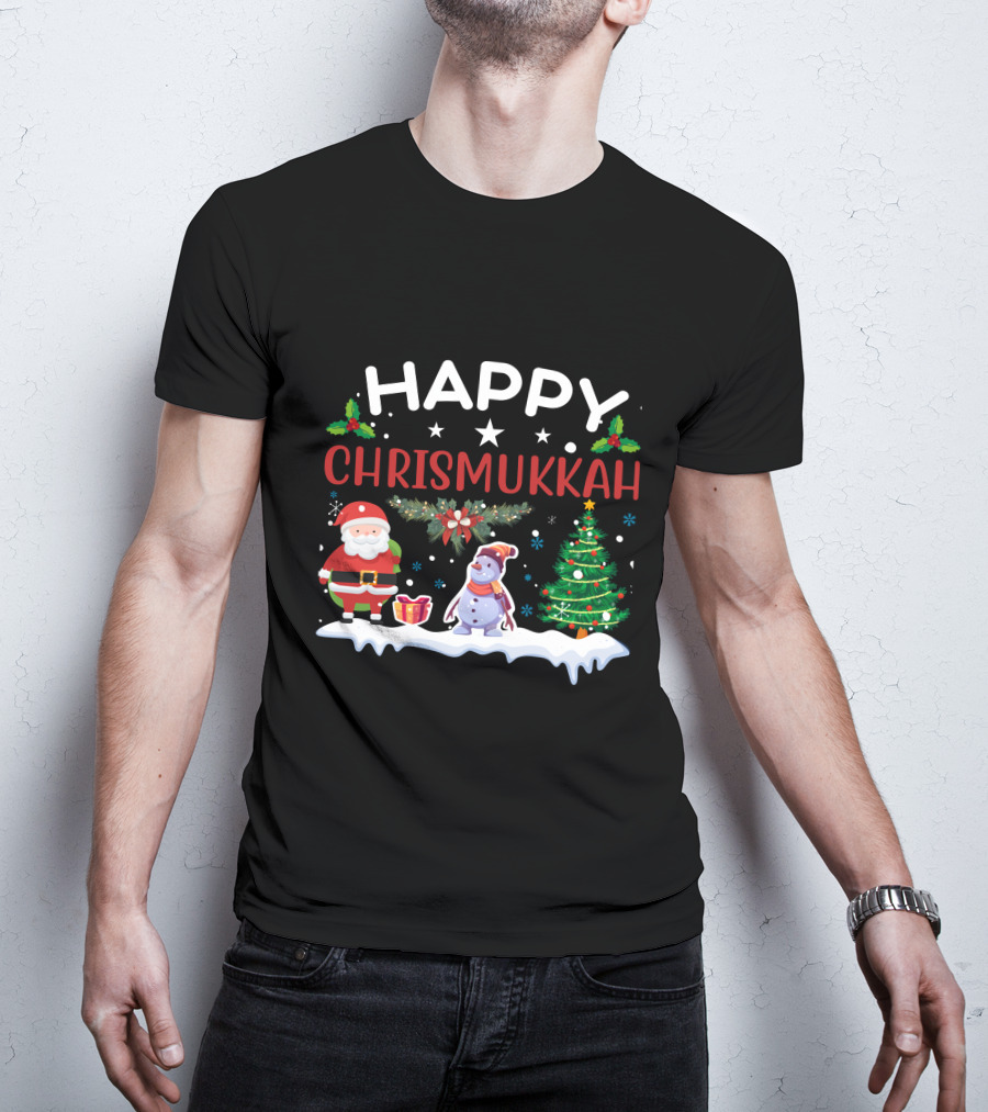 Happy Chrismukkah Santa Snowman Christmas Tree T-Shirt