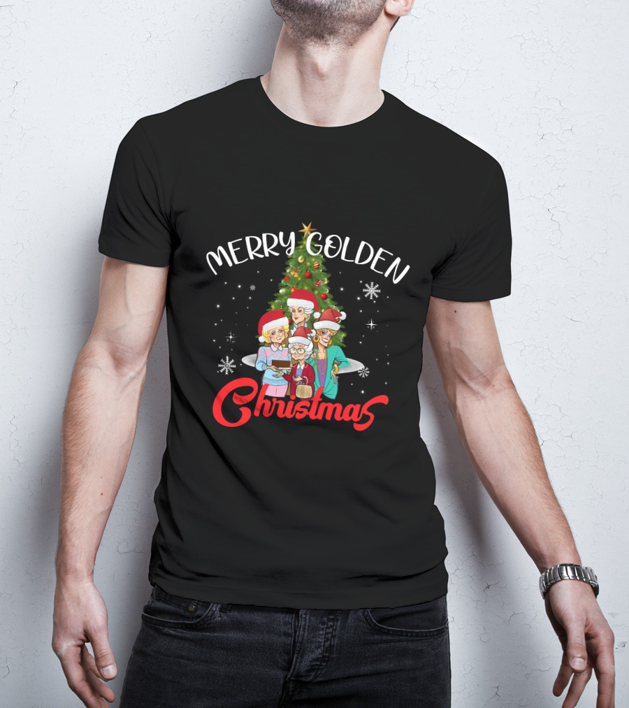 Merry Golden Christmas Golden Girls Santa Hats Christmas Tree Snowflakes T-Shirt