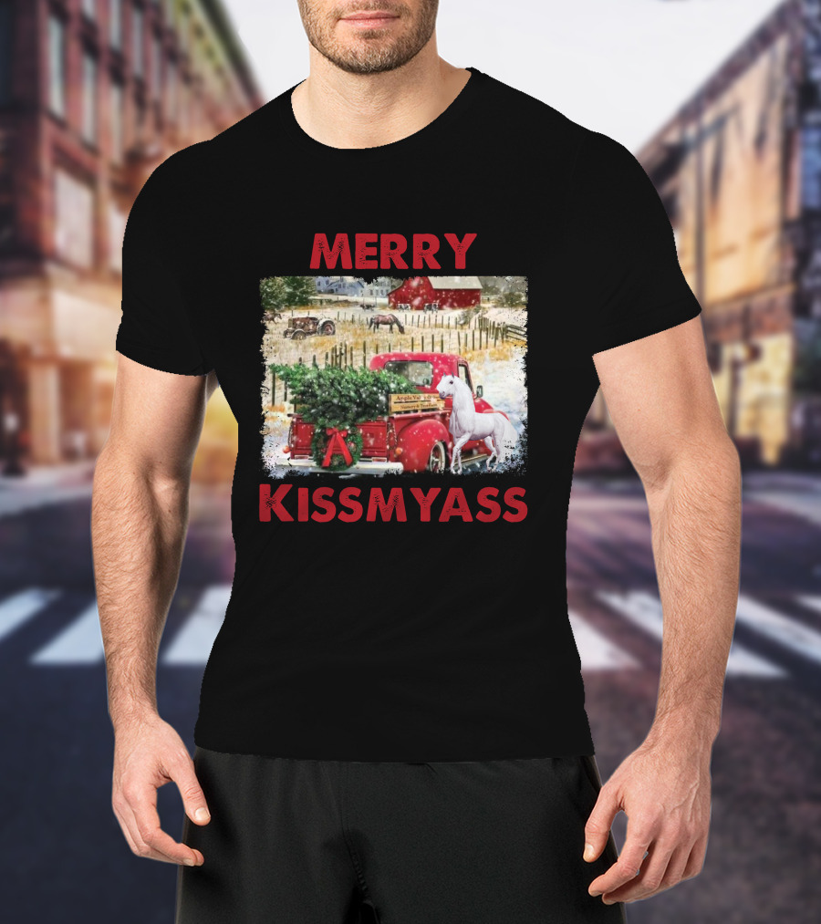 Merry Kissmyass Vintage Truck Christmas Scene With Horse In Snowy Farm Landscape T-Shirt
