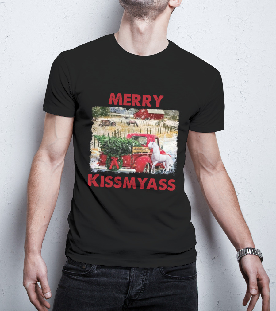 Merry Kissmyass Vintage Truck Christmas Scene With Horse In Snowy Farm Landscape T-Shirt