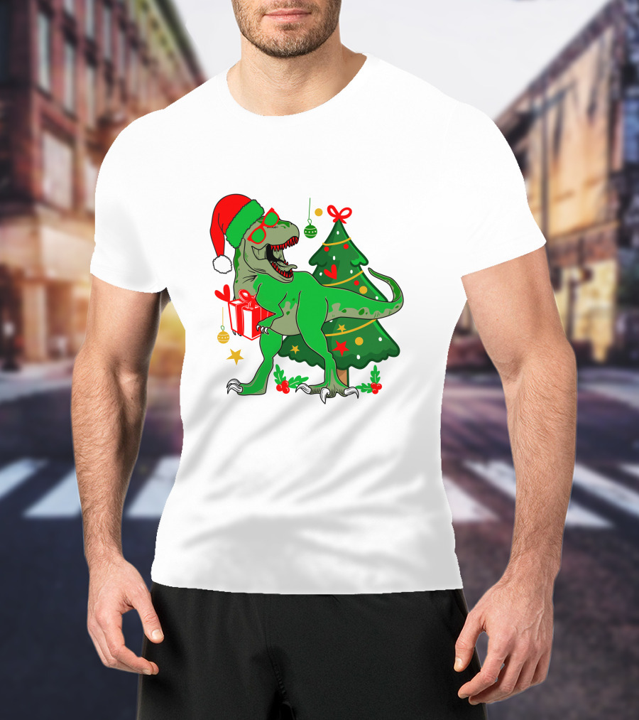 Christmas Dinosaur Santa With Tree And Gift T-Shirt