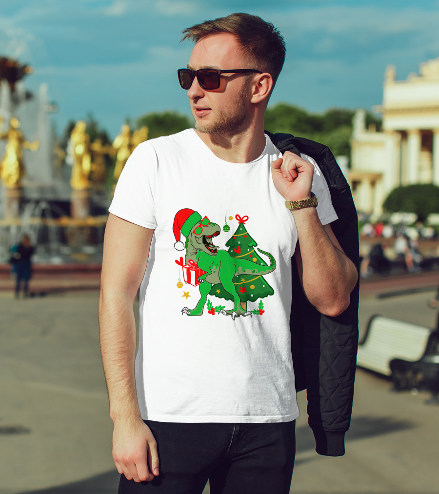 Christmas Dinosaur Santa With Tree And Gift T-Shirt