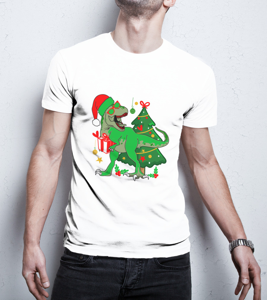 Christmas Dinosaur Santa With Tree And Gift T-Shirt