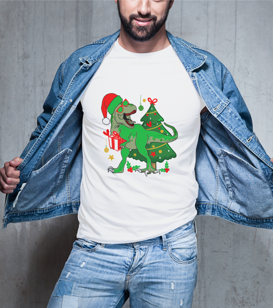 Christmas Dinosaur Santa With Tree And Gift T-Shirt