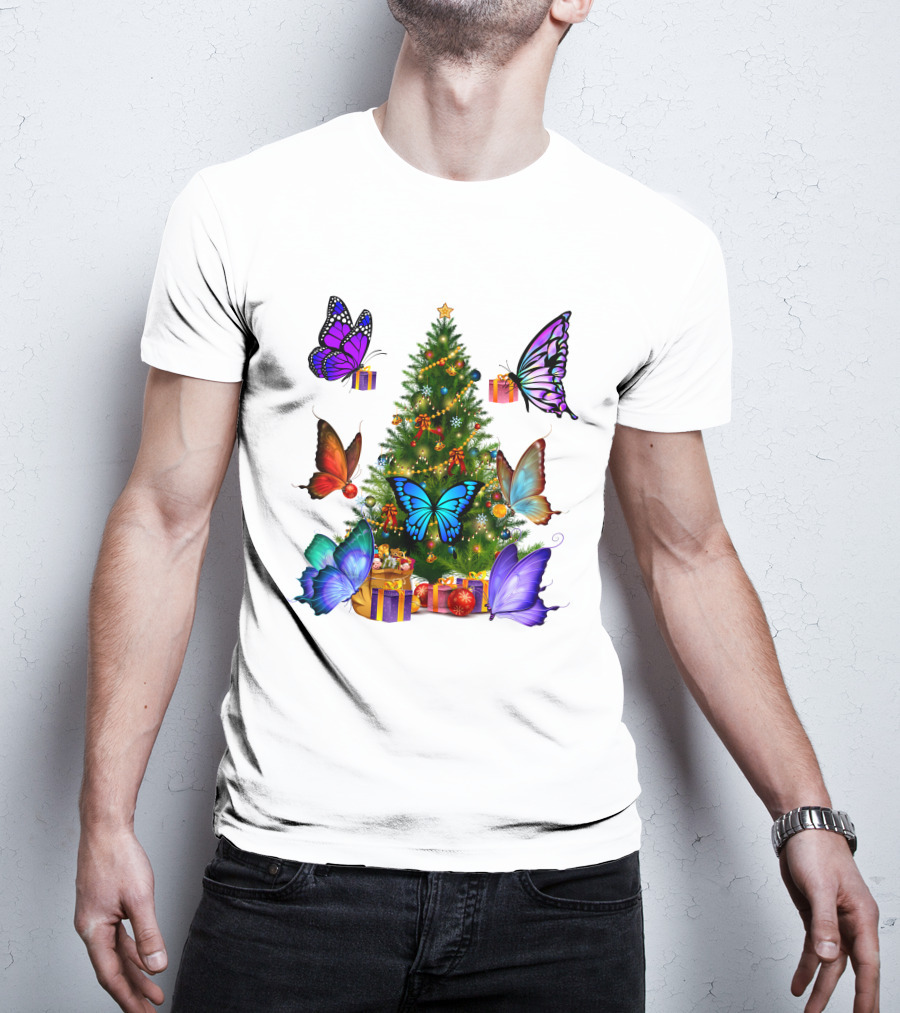 Butterfly Christmas Tree With Colorful Presents And Butterflies T-Shirt