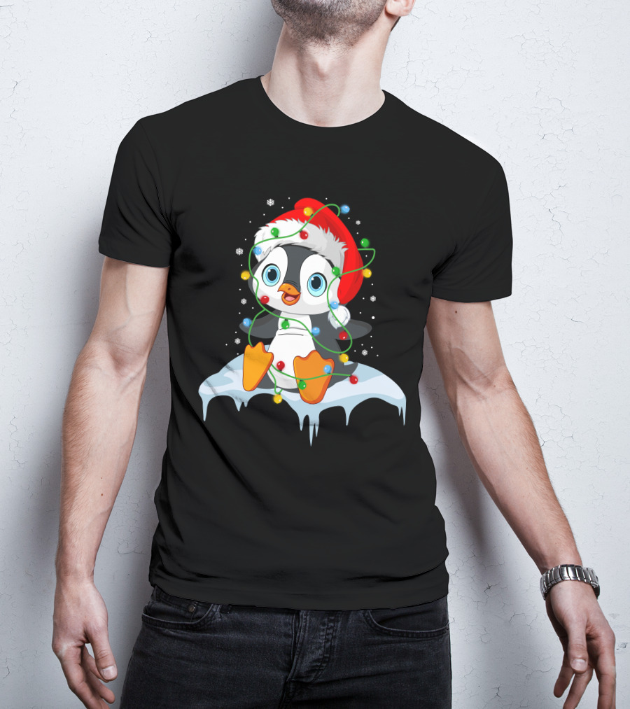 Baby Penguin Santa Christmas Lights Snowflakes T-Shirt