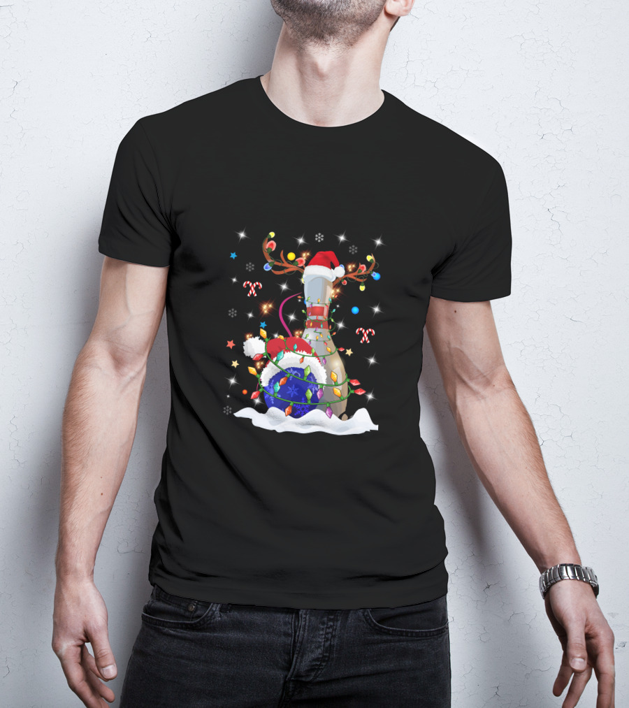 Christmas Bowling Pin With Lights And Santa Hats T-Shirt