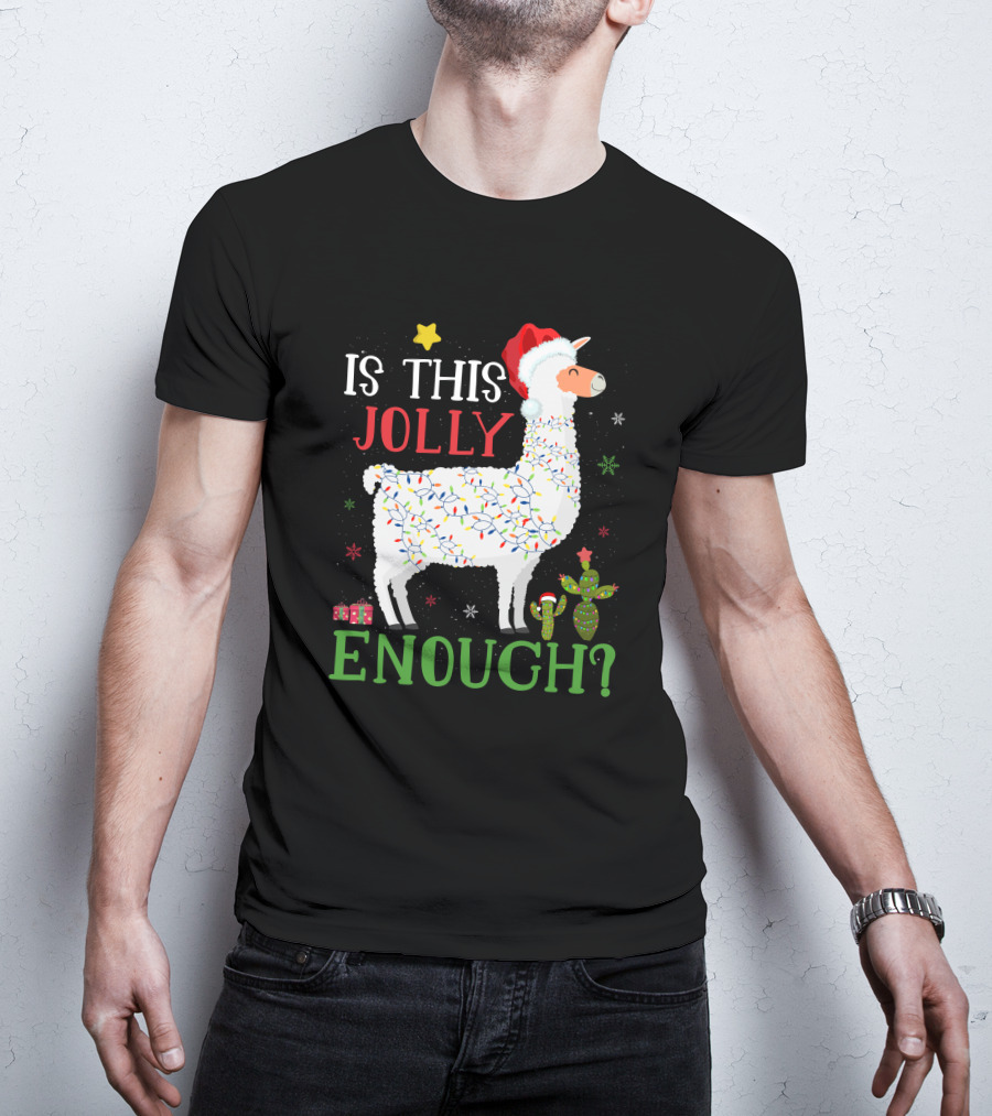 Is This Jolly Enough Christmas Lights Llama Santa Hat T-Shirt