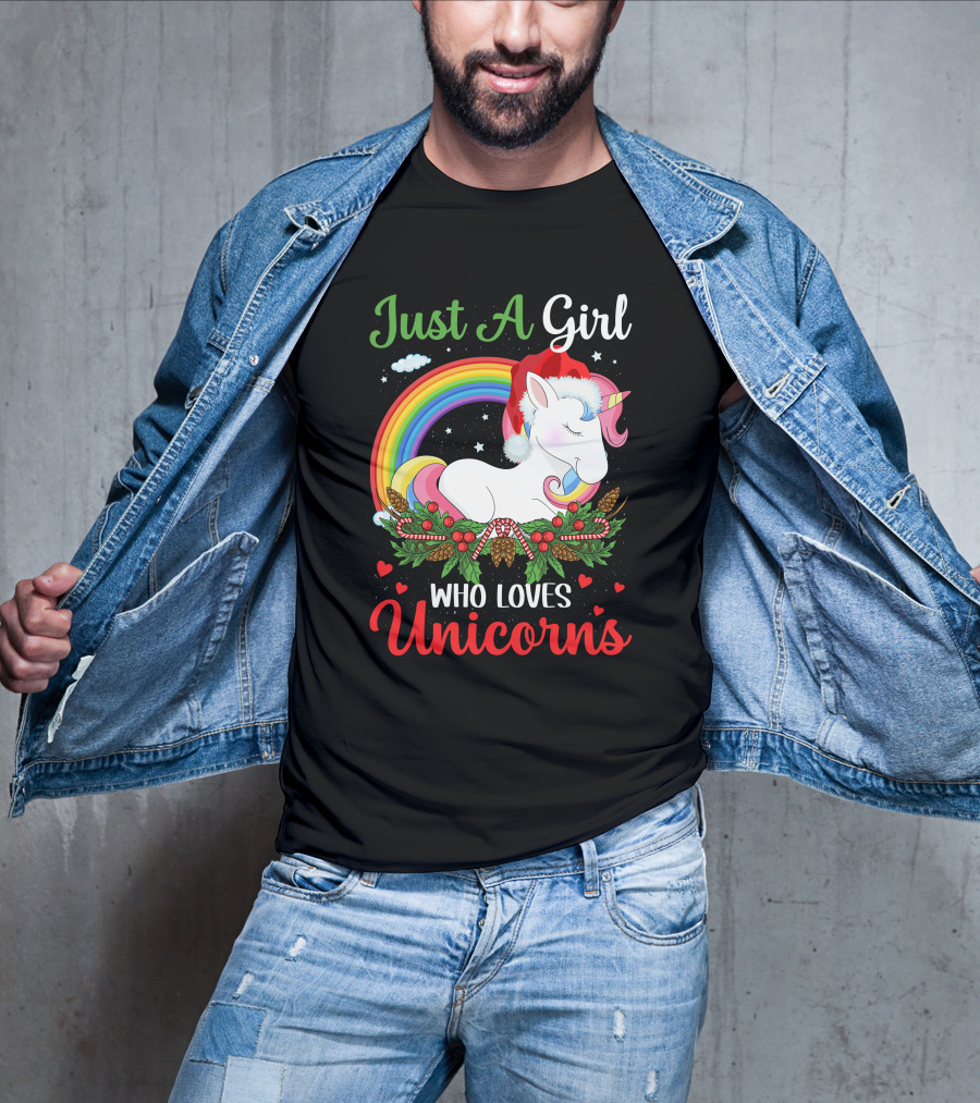 Just A Girl Who Loves Unicorns Rainbow Christmas Santa Hat T-Shirt
