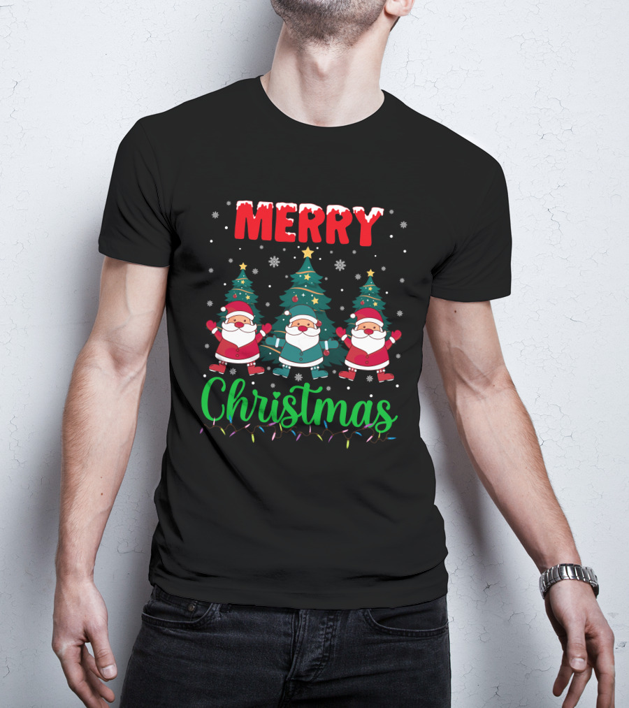 Merry Christmas Santa Gnome Snowflakes Trees Stars Lights T-Shirt