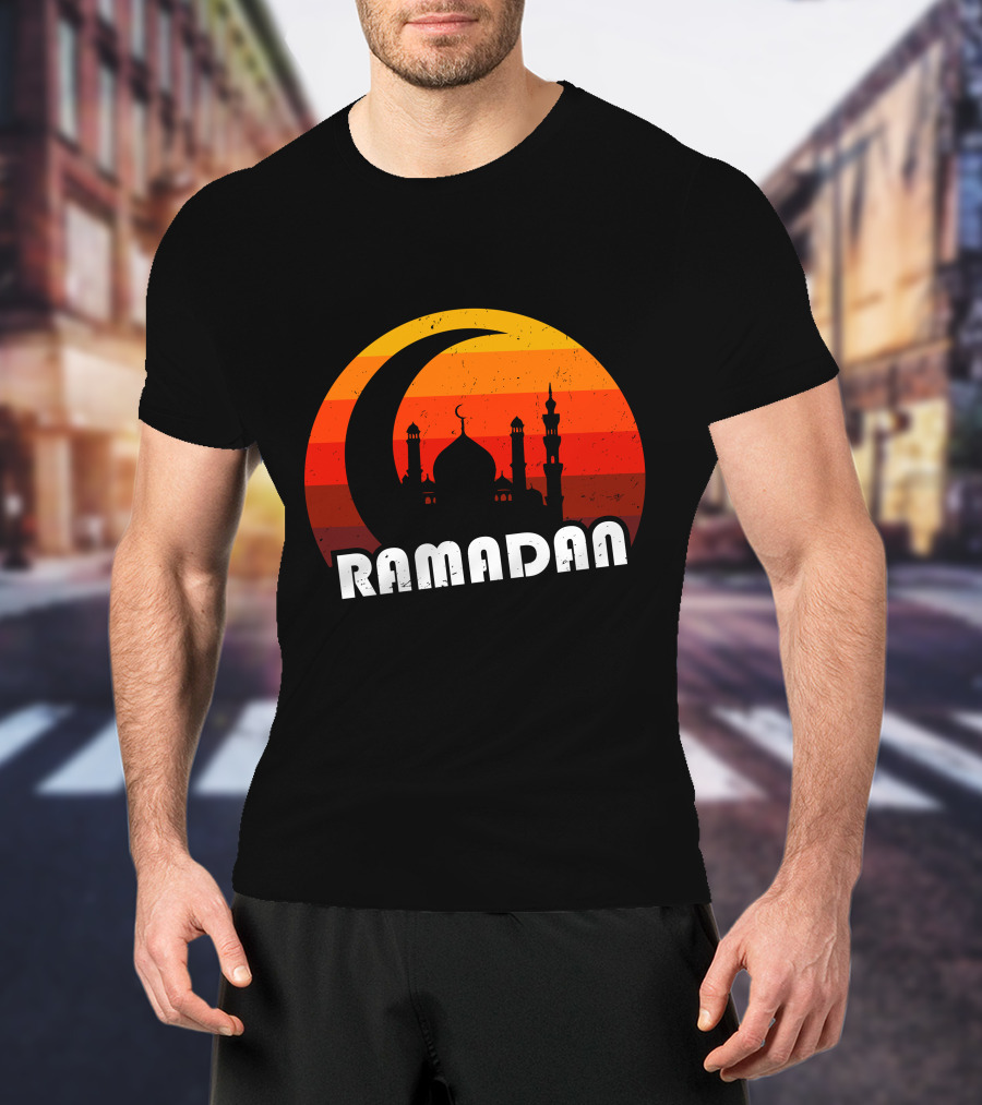 Ramadan Mosque Silhouette Crescent Moon Sunset Background T-Shirt