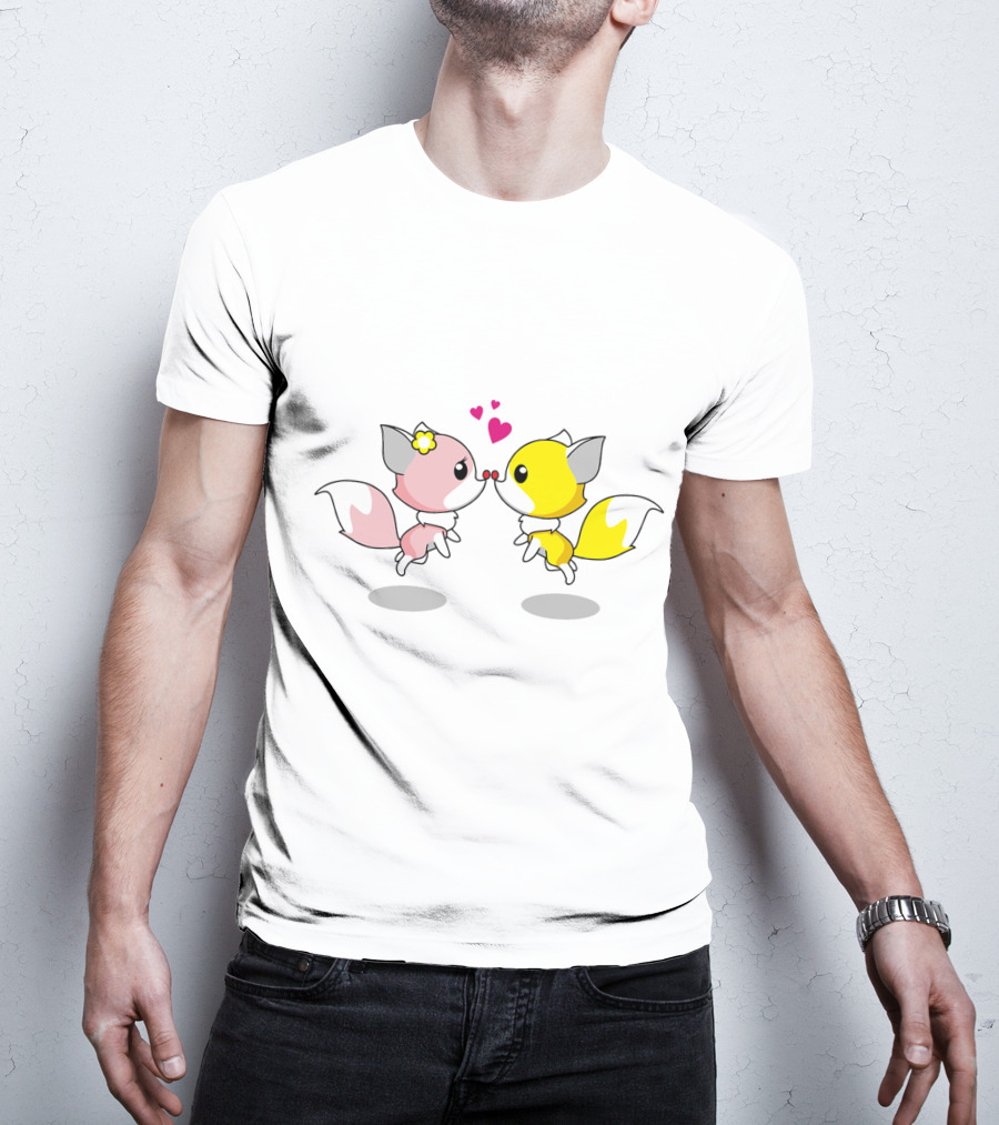 Cute Foxes In Love Kissing Hearts Blossom Yellow Pink Foxes T-Shirt