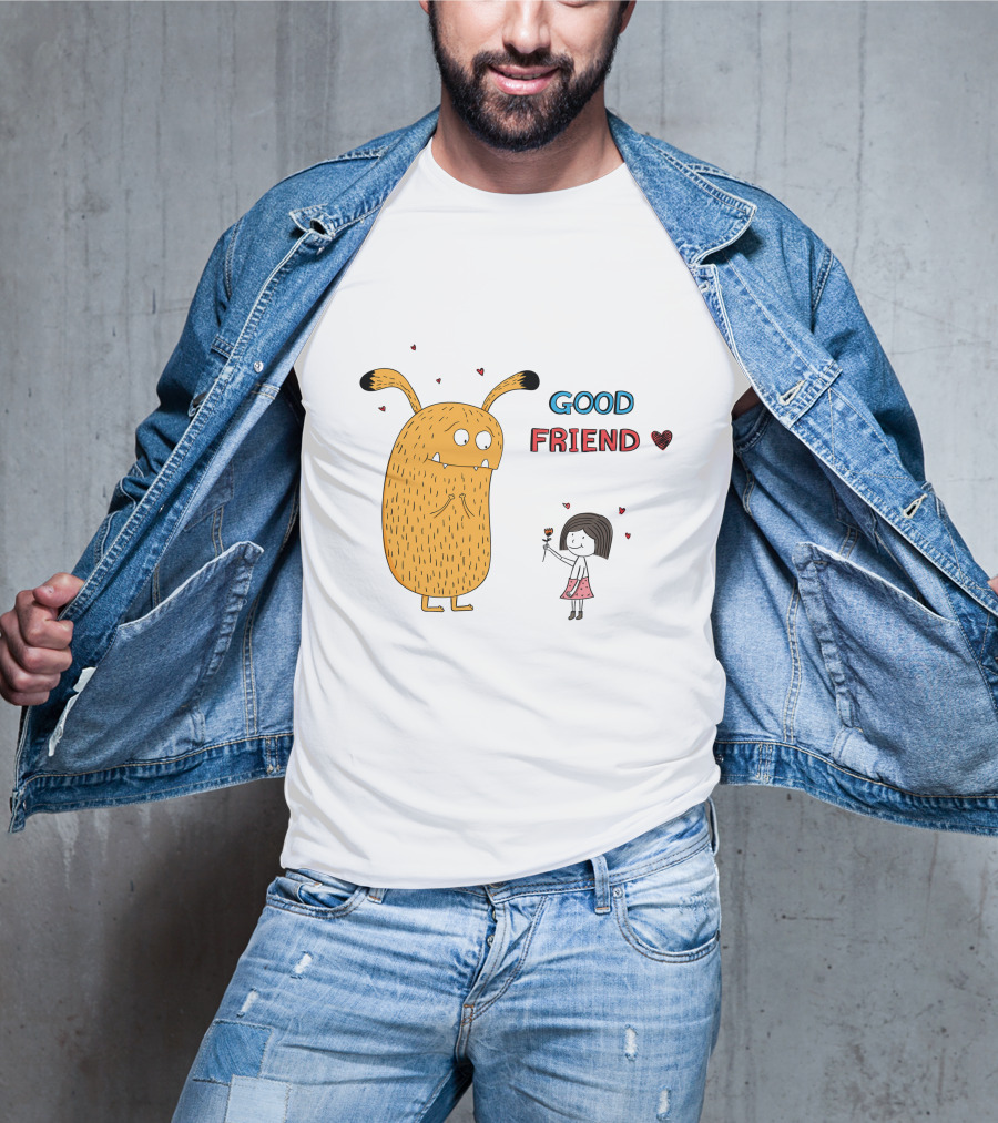 Good Friend Cute Monster And Girl With Hearts T-Shirt