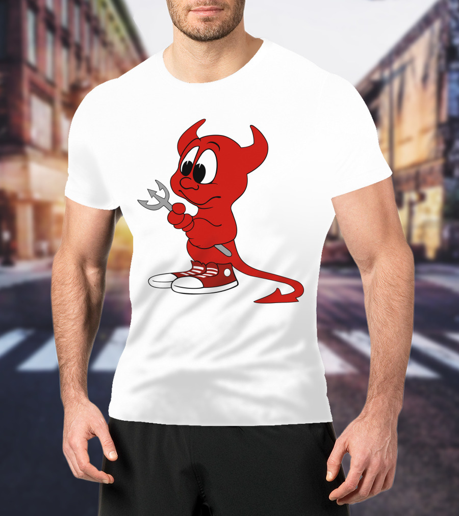 Devil In Sneakers Holding Pitch Fork Cartoon T-Shirt
