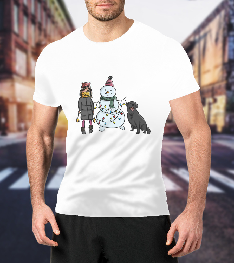 Girl With Yellow Scarf, Dog, And Snowman With Christmas Lights T-Shirt