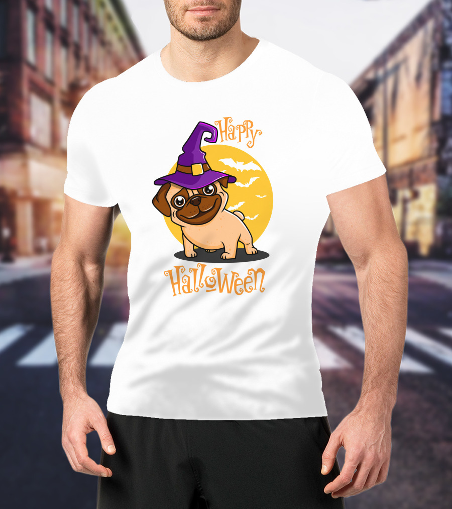 Happy Halloween Dog Witch Hat Full Moon Bats T-Shirt