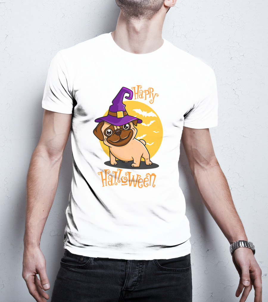 Happy Halloween Dog Witch Hat Full Moon Bats T-Shirt