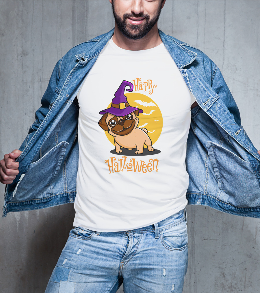 Happy Halloween Dog Witch Hat Full Moon Bats T-Shirt