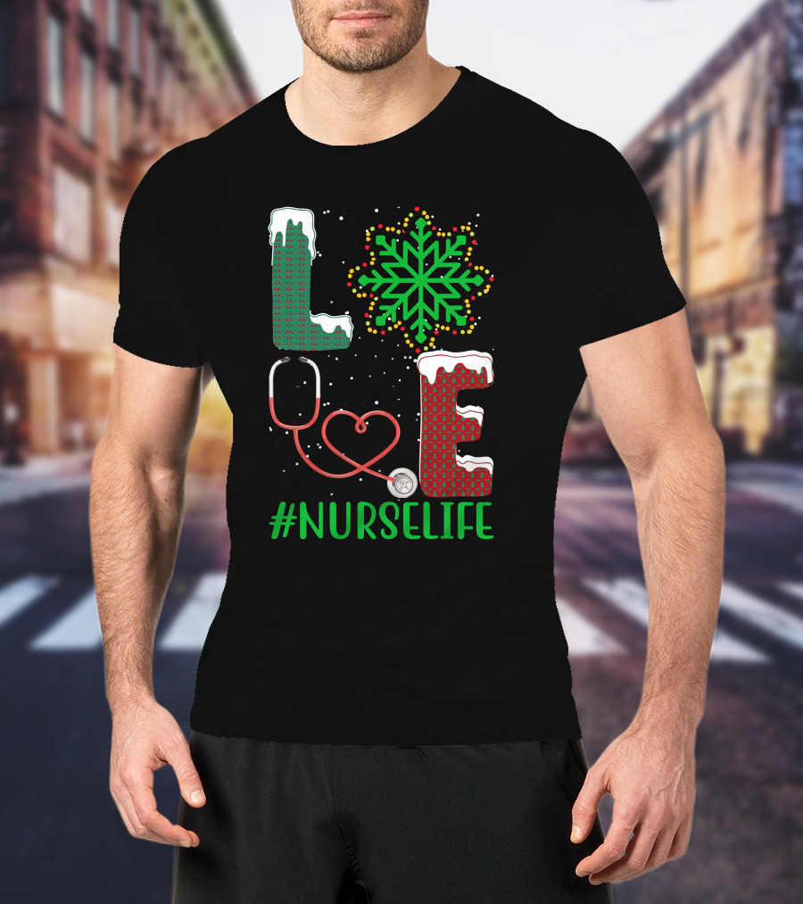 Love Christmas Snowflake Stethoscope #NURSELIFE T-Shirt