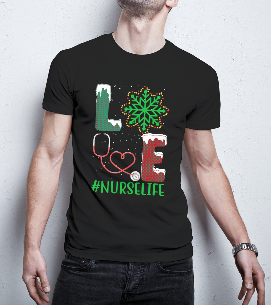 Love Christmas Snowflake Stethoscope #NURSELIFE T-Shirt