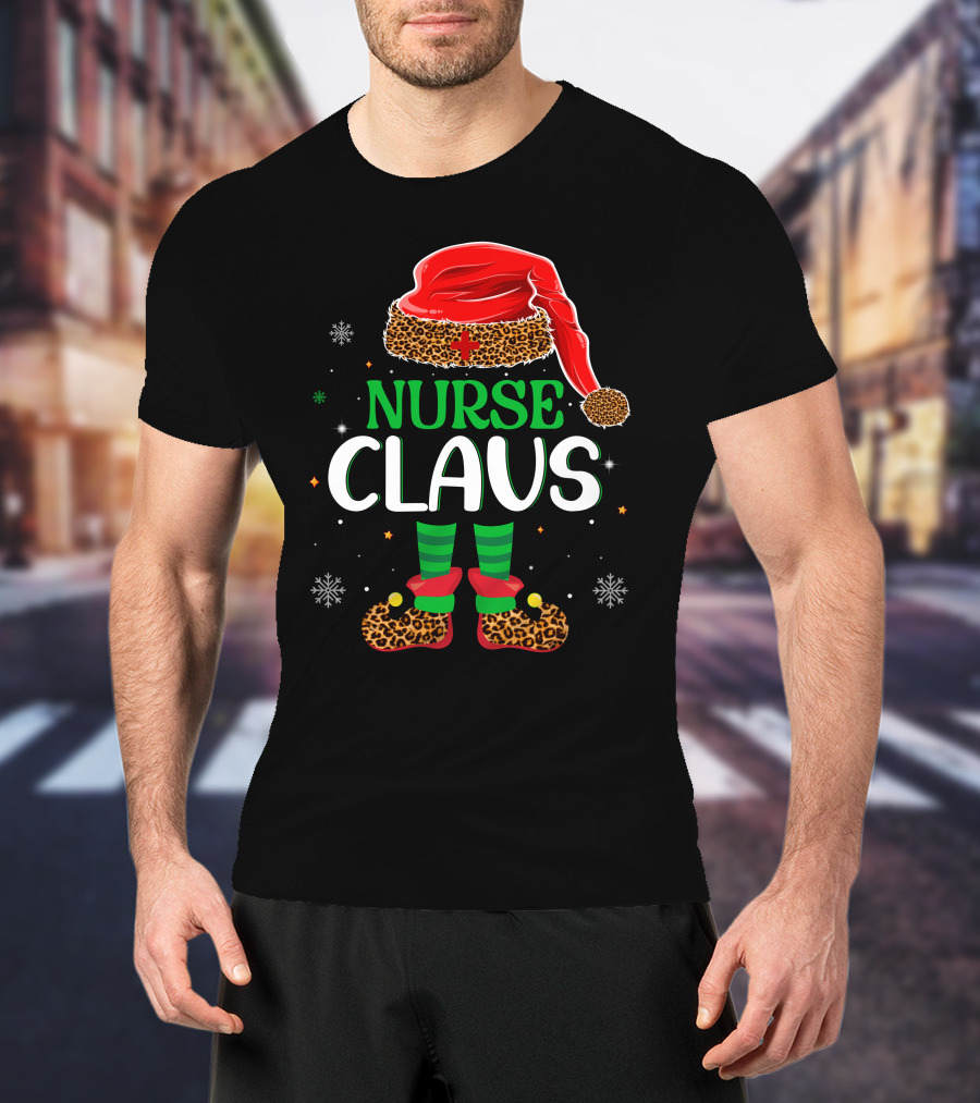 Nurse Claus Christmas Santa Hat Leopard Print Snowflakes T-Shirt