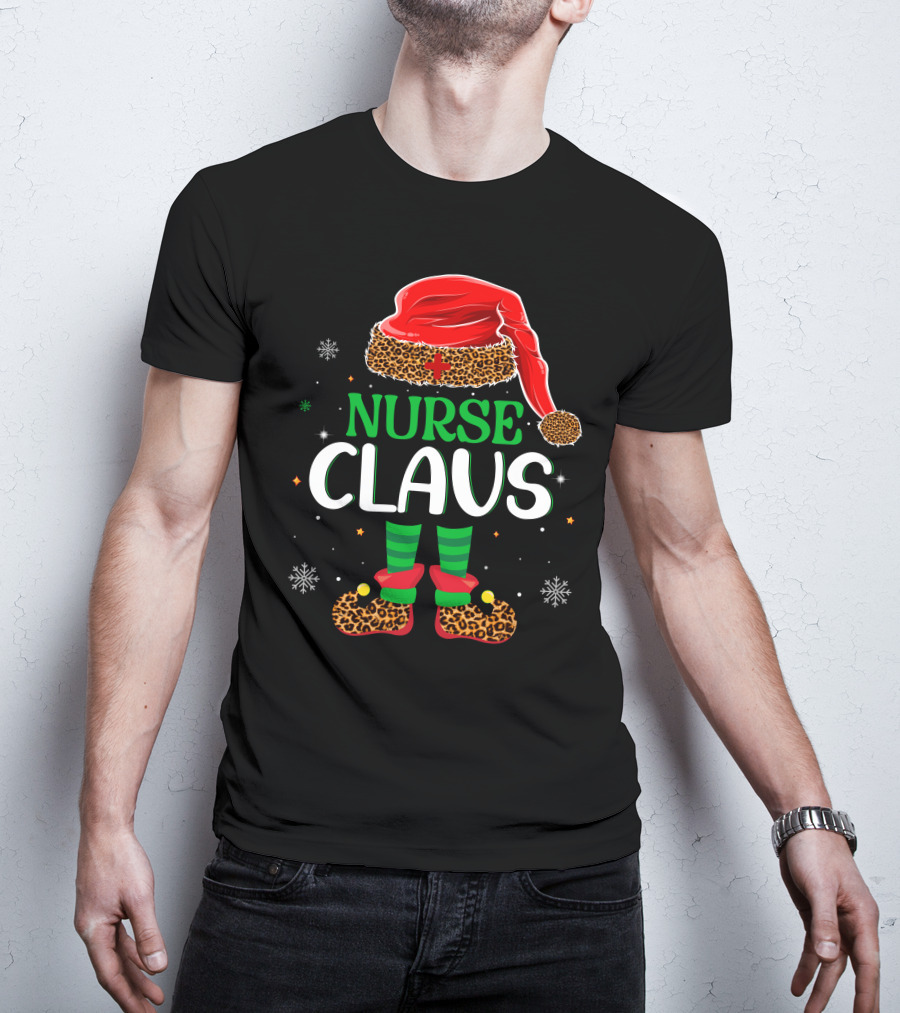 Nurse Claus Christmas Santa Hat Leopard Print Snowflakes T-Shirt