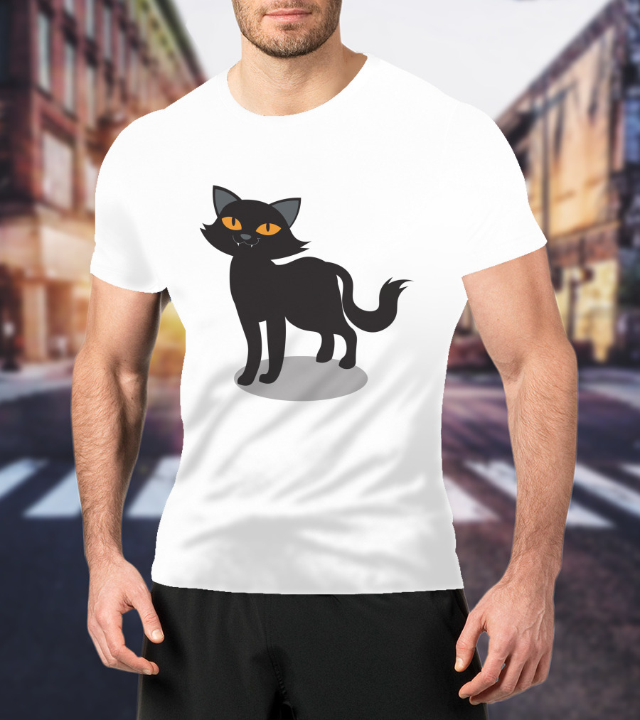 Cartoon Black Cat Illustration With Orange Eyes And Shadow T-Shirt