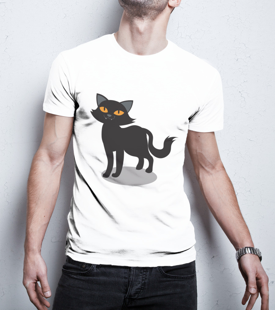 Cartoon Black Cat Illustration With Orange Eyes And Shadow T-Shirt
