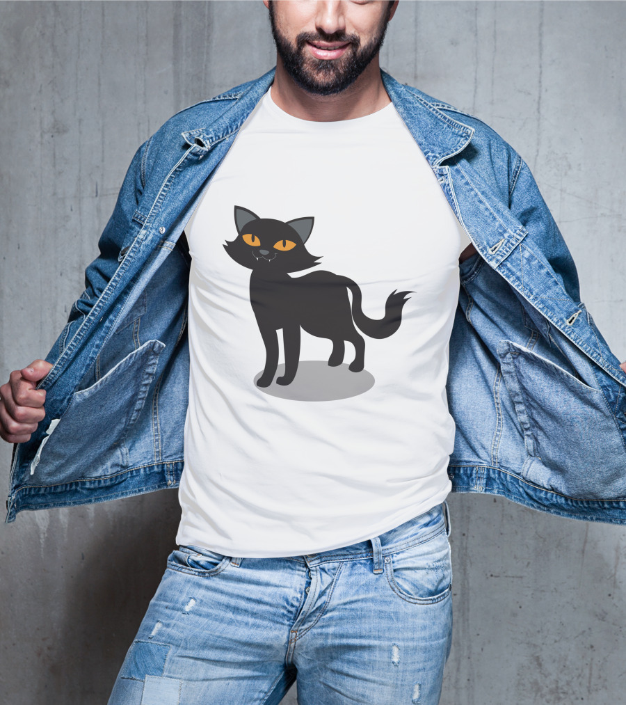 Cartoon Black Cat Illustration With Orange Eyes And Shadow T-Shirt