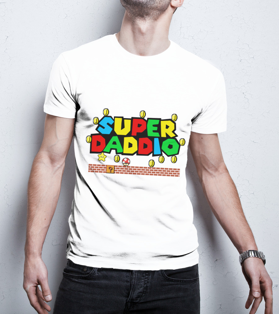 Fathers Day Super Daddio Nintendo Mario Parody Coins Bricks Star T-Shirt