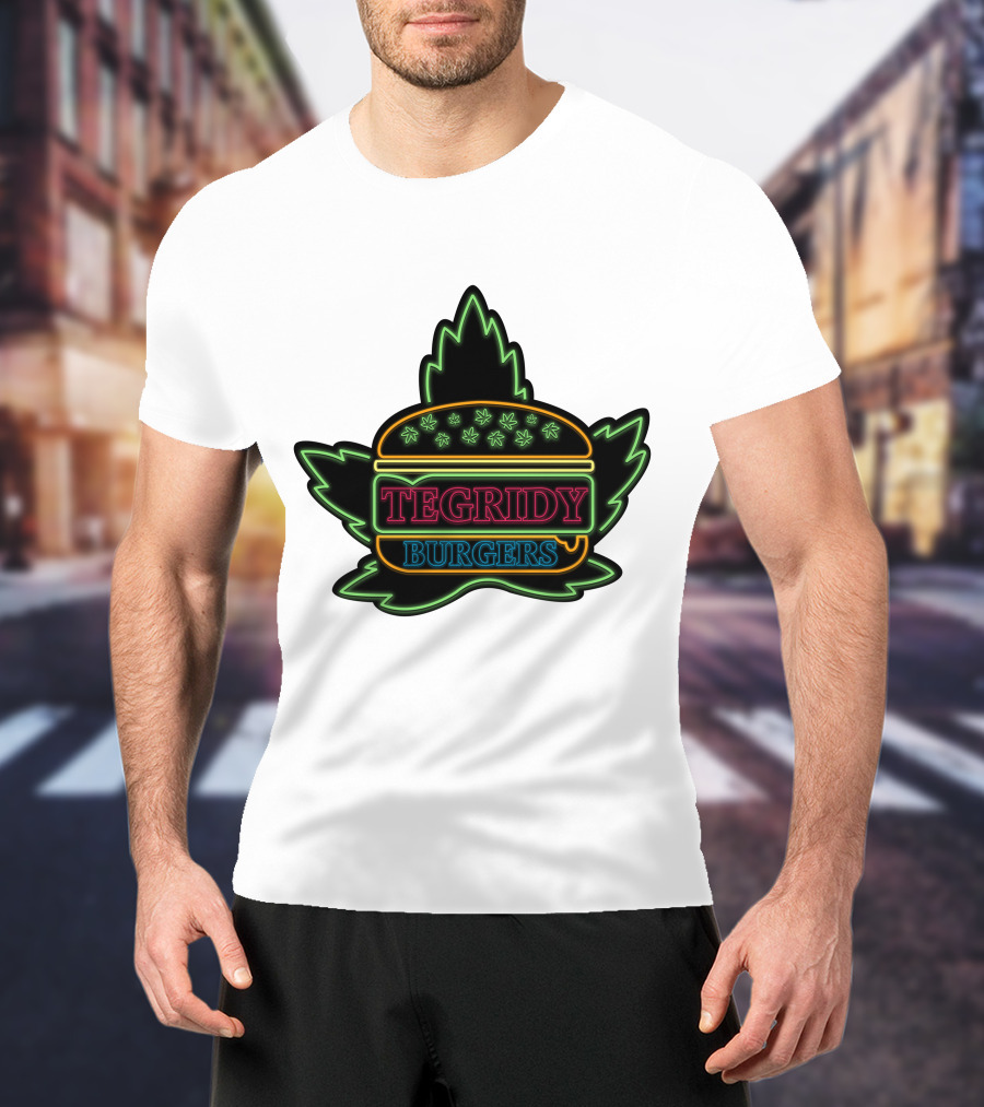 Tegridy Burgers Neon Sign With Leaf And Burger Outline T-Shirt