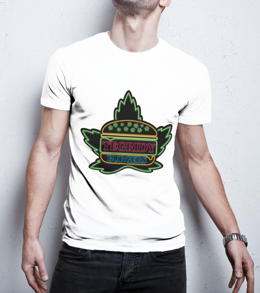 Tegridy Burgers Neon Sign With Leaf And Burger Outline T-Shirt