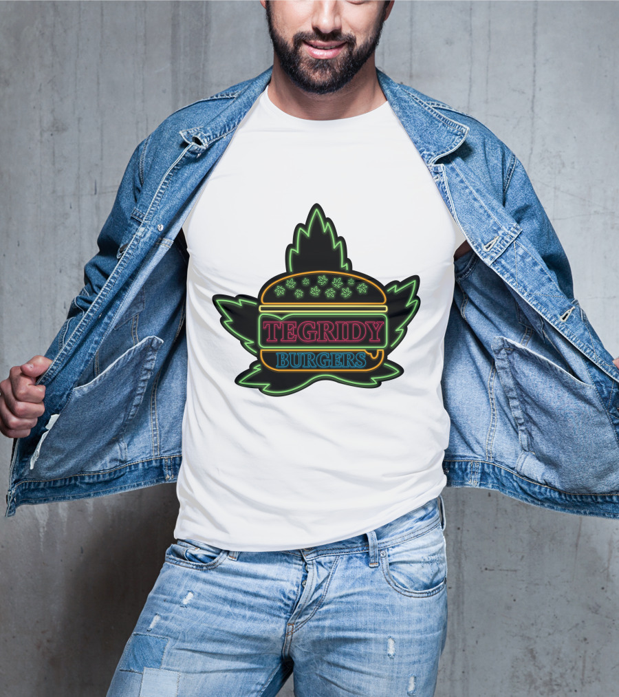 Tegridy Burgers Neon Sign With Leaf And Burger Outline T-Shirt