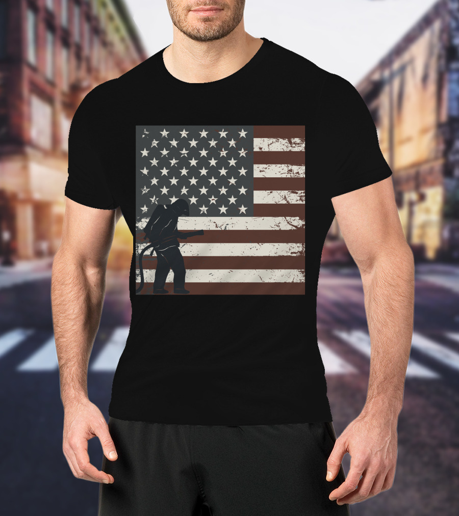 Fireman Silhouette Distressed American Flag T-Shirt