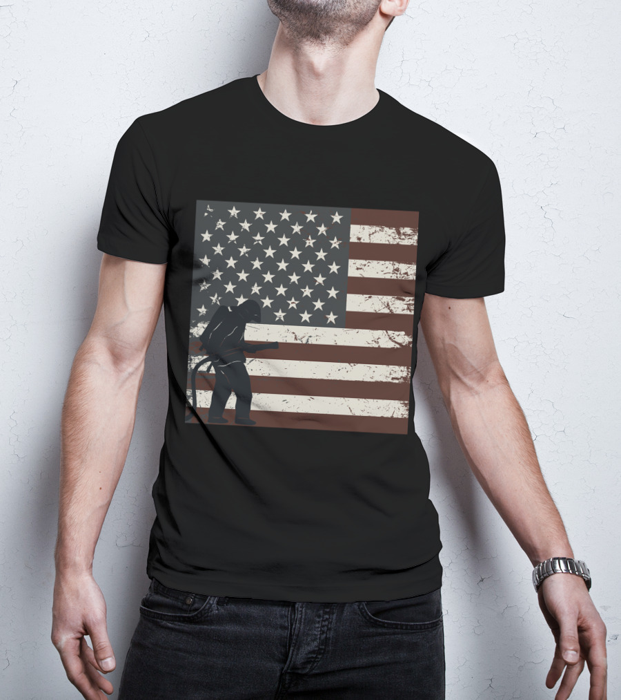 Fireman Silhouette Distressed American Flag T-Shirt